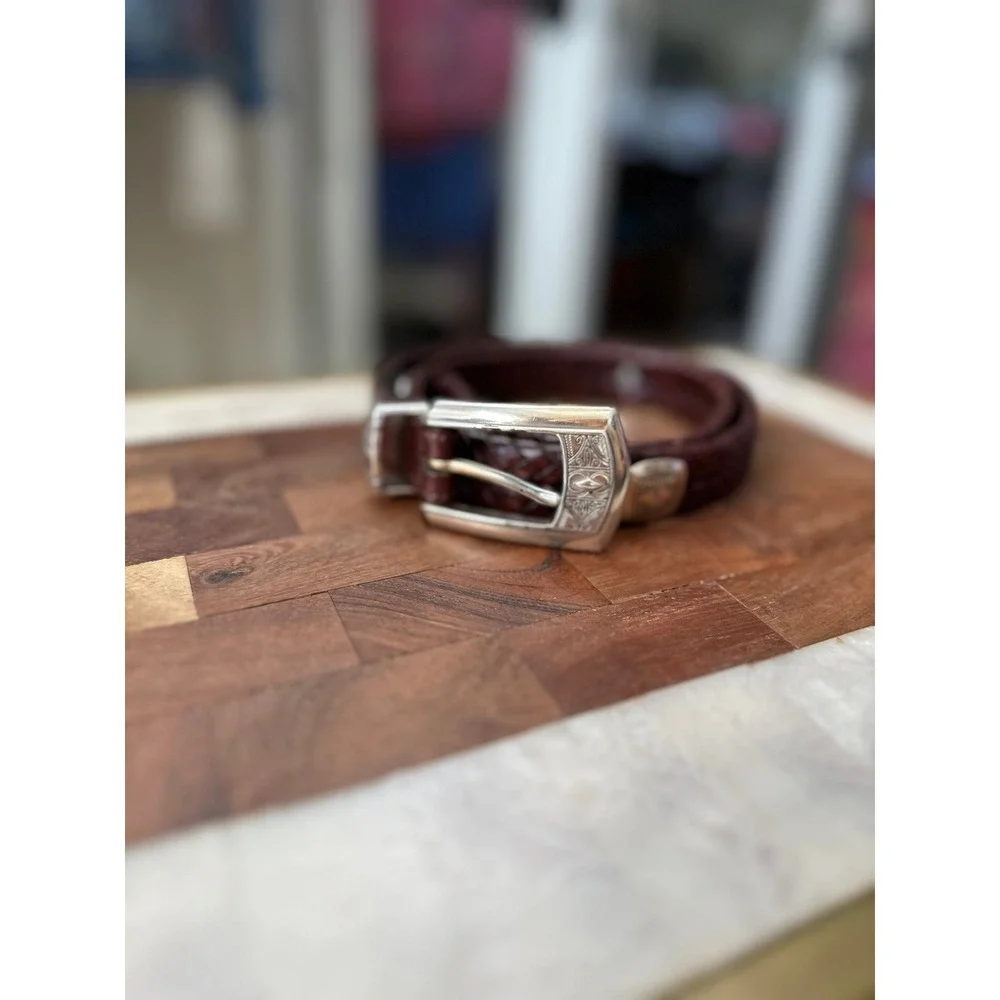 Brighton Braided‎ Leather SZ M 30 Belt Brown Silver Engraved Buckle Western Boho